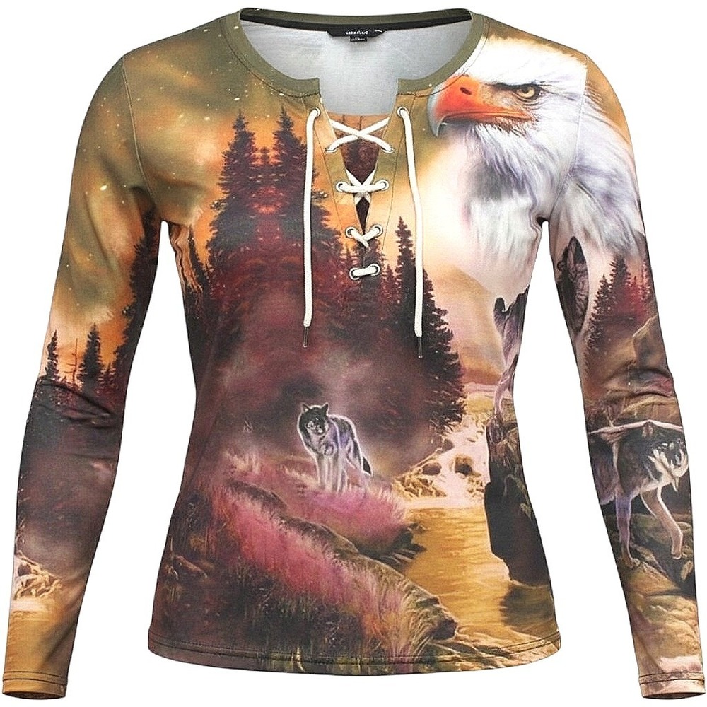Ouku Eagle and Wolf Nature Print Lace Up Long Sleeve Top XL Brown Green